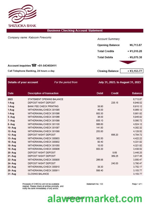 Shizuoka Bank organization checking account statement Word and PDF template